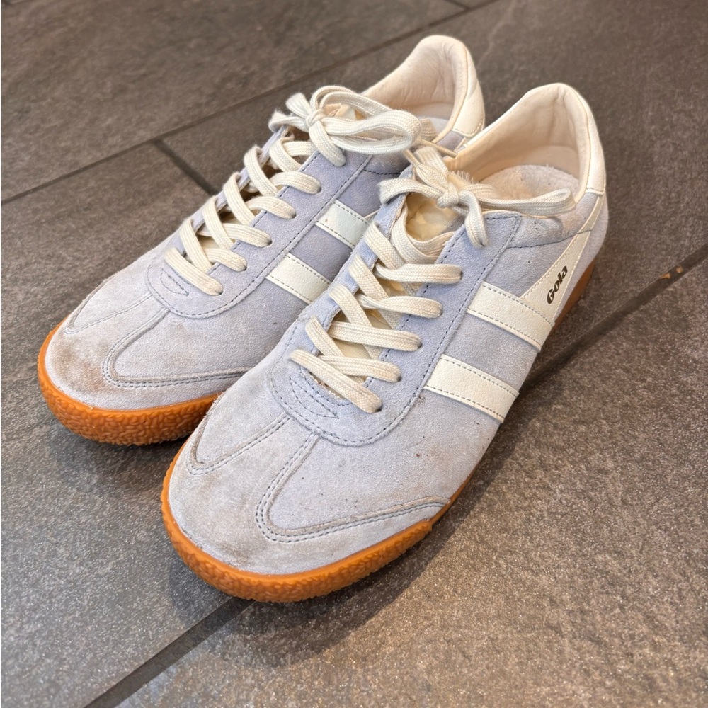 Gola Light Blue Suede Sneakers with Cream Stripes and Gum Sole